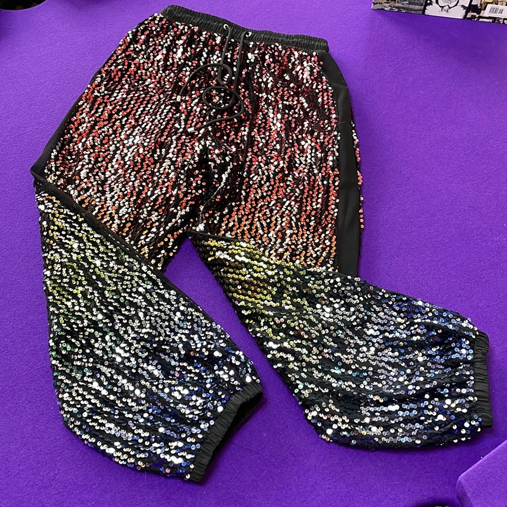 Club EXX rainbow color change sequined joggers with side mesh panels 💛🧡💚💙